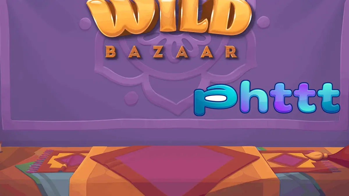 Makulay na disenyo ng Wild Bazaar slot na nagpapakita ng mga chests at tema ng pamilihan.